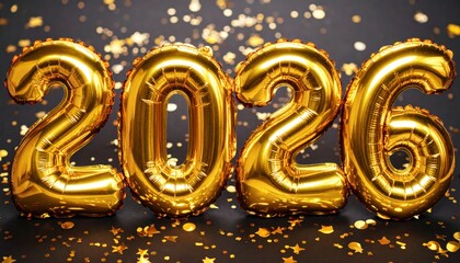 Golden foil balloon numbers 2026 with sparkling confetti and bokeh on a dark background, celebrating New Year.