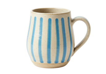 Isolated striped ceramic mug, beige pottery with blue vertical lines for coffee or tea break