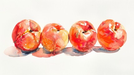 Watercolor composition of fresh peaches on a white background. Juicy fruits painted with paints.
