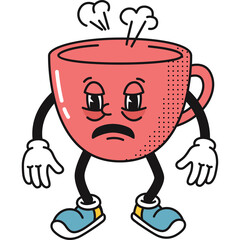 Sad Red Cartoon Coffee Cup Character With Steam Coming From Top And Tired Eyes Wearing Blue Sneakers On Transparent Background
