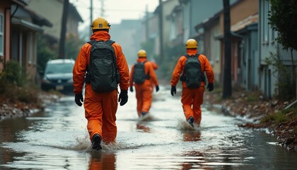 Three emergency workers in orange suits, helmets walk through flooded street. Carry backpacks, wear protective gloves. Team moves together in waterlogged urban area during disaster drill actual
