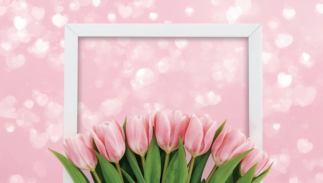 Pink tulips and white frame set against a soft pastel background with heart-shaped bokeh lights. Overhead shot with ample copy space for design.