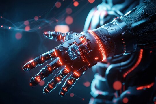 Revolutionary ai-powered robotic exosuit with adaptive learning technology futuristic laboratory digital art high-tech environment close-up view innovation concept