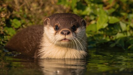 Fototapeta premium Portrait of a small clawed otter, focus on playful behavior