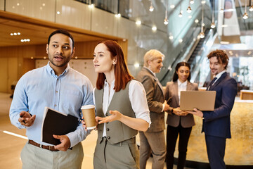 Modern office interactions among diverse professionals in a collaborative environment