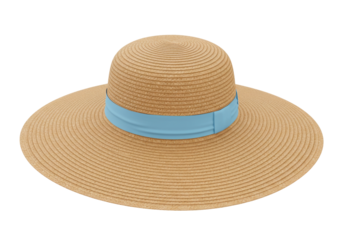 Isolated straw sun hat with light blue ribbon, wide brim, summer women's fashion accessory