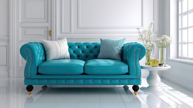 Turquoise Chesterfield Sofa: A luxurious turquoise Chesterfield sofa is the centerpiece, complemented by tasteful decor, creating a haven of elegance and tranquility.