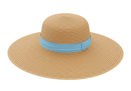 Isolated straw sun hat with light blue ribbon, wide brim, summer women's fashion accessory - Powered by Adobe