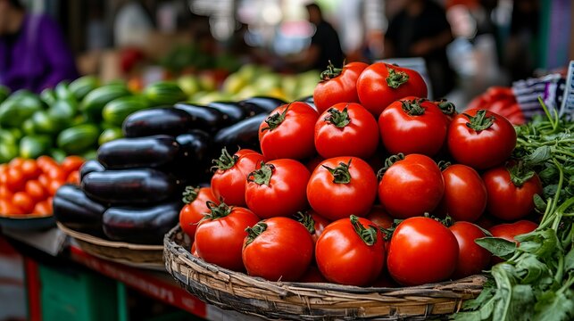 Red ripe tomatoes are piled high on a woven basket at an outdoor farmers market with eggplants and cucumbers.