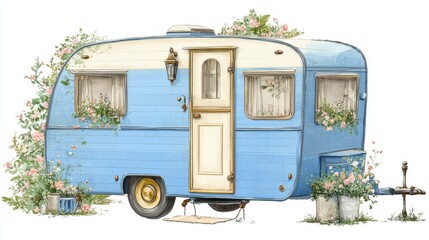 Blue vintage camper with flowers