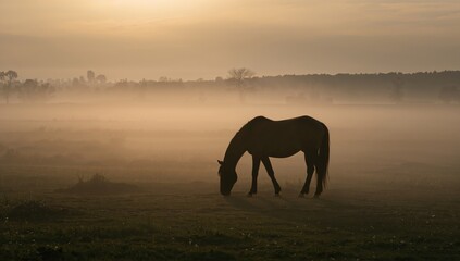 A solitary horse feeding in a foggy meadow at dawn, reflecting tranquility and solitude