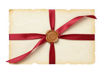 Isolated antique parchment paper tied with a red ribbon and wax seal, aged and weathered