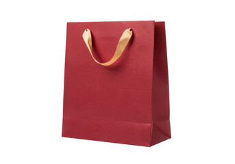 Isolated deep red gift bag with tan fabric handle, product package and promotion sale event