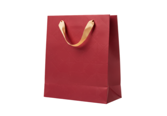 Isolated deep red gift bag with tan fabric handle, product package and promotion sale event