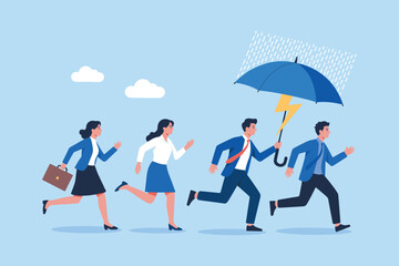 Teamwork and Leadership Protecting Business from Crisis. Business People Running Under Umbrella of Protection.