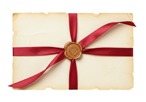 Isolated antique parchment paper tied with a red ribbon and wax seal, aged and weathered