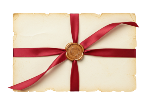Isolated antique parchment paper tied with a red ribbon and wax seal, aged and weathered