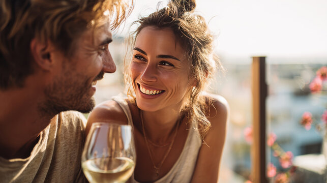Couple enjoying wine during sunset