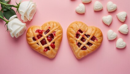 Heart-shaped buns with berry jam and lattice crust, a sweet treat for Valentine's Day
