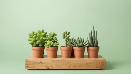 Fototapeta premium Succulent plants arranged in pots on a wooden surface, ideal for a natural decor theme