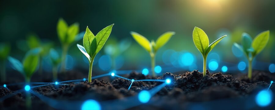 Young plant sprouts grow from soil with digital network connections. Green leaves emerge from dark earth suggesting future farming and eco innovation. Future agriculture unfolds with nature.