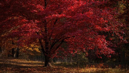 A vibrant autumn tree adorned with red leaves, showcasing seasonal change