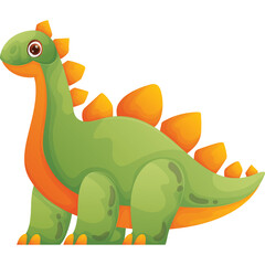 Cute cartoon stegosaurus dinosaur with green body orange belly and yellow plates on its back isolated on white background in a playful style