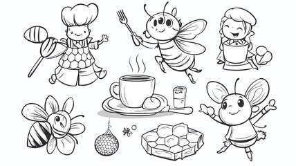 Cartoon vector illustration set of funny Easter rabbits and eggs coloring book drawing