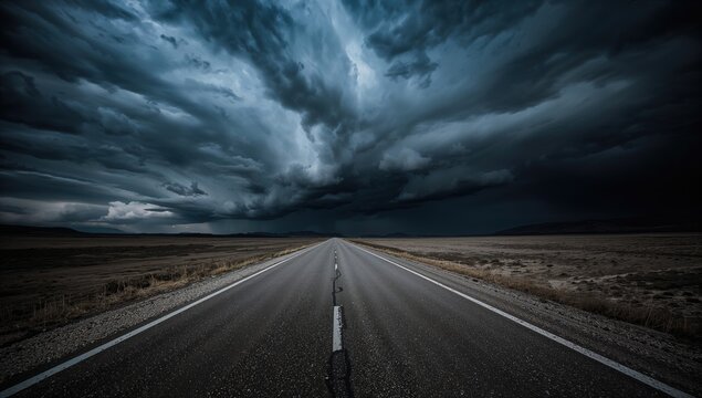 Paved road under a stormy dark sky, erosion risk - Powered by Adobe