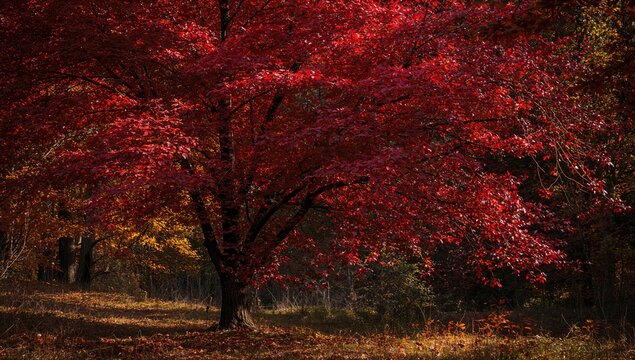 A vibrant autumn tree adorned with red leaves, showcasing seasonal change