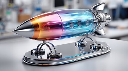 Rocket of Innovation: A sleek, colorful rocket sculpture stands as a symbol of technological advancement and future progress on a clean, modern surface.