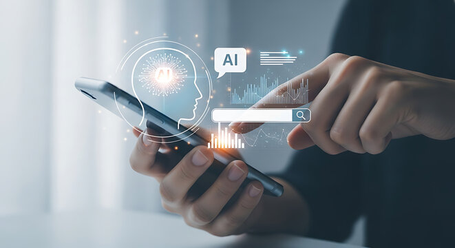 Person using smartphone with ai head and data analytics overlay for artificial intelligence business solutions and research. - Powered by Adobe