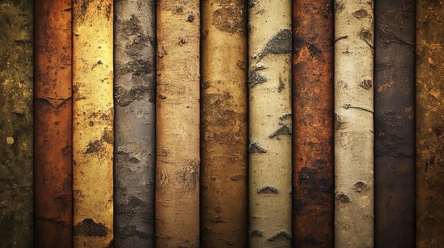Several textured tree trunks are arranged vertically showing various bark colors and patterns.
