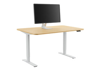 Fototapeta premium Isolated adjustable standing desk with natural wood top and modern display monitor alone