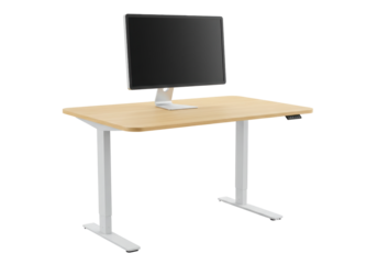 Isolated adjustable standing desk with natural wood top and modern display monitor alone