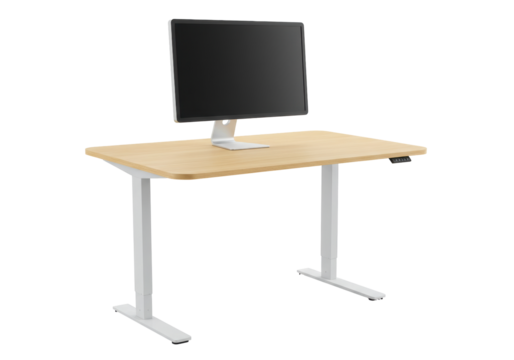 Isolated adjustable standing desk with natural wood top and modern display monitor alone