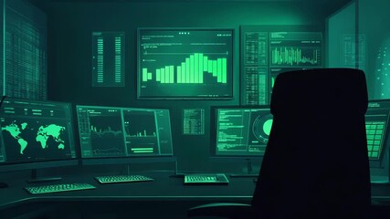 Cybersecurity control room displaying financial data and global networks - Powered by Adobe