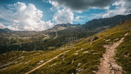 Fototapeta premium Cares trail winding through mountainous terrain, erosion risk