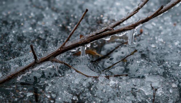 Tree branch submerged in water with frozen droplets, sign of thawing and spring's approach
