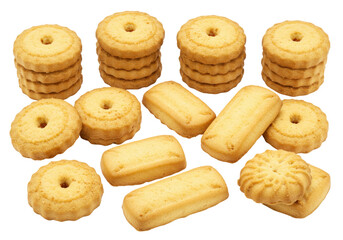 Isolated Assortment of shortbread cookies, variety of shapes and stack, sweet treats for tea