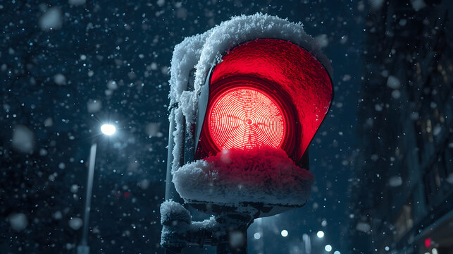 A snow-covered traffic light glows red in a winter night, with snowflakes falling and a streetlamp in the background. - Powered by Adobe