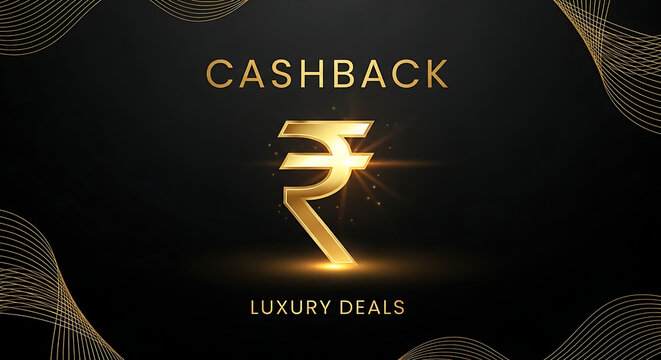 Cashback banner with golden rupee symbol, ideal for financial promotions, luxury offers, and exclusive deals, perfect for attracting customers and boosting sales elegantly
