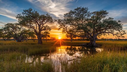 Trees in a wetland area silhouetted by a vibrant sunset, seasonal change