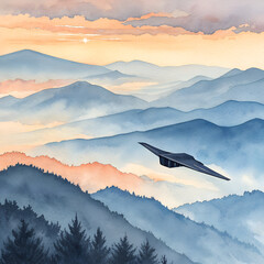 Watercolor painting of a stealth bomber flying over misty blue mountains at sunrise.