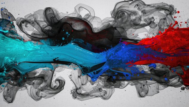 Abstract texture featuring intertwined white smoke and bold strokes of black, blue, and red paint, suitable for editorial header background