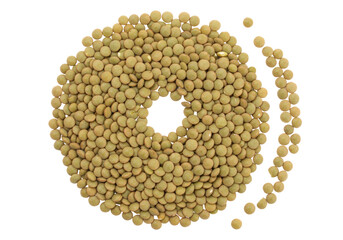 Isolated pile of raw green lentils, edible legume seeds, a healthy diet ingredient