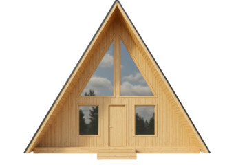 Isolated Wooden A-Frame Cabin Home with Windows and a Doorway with Stairs, Architectural Design