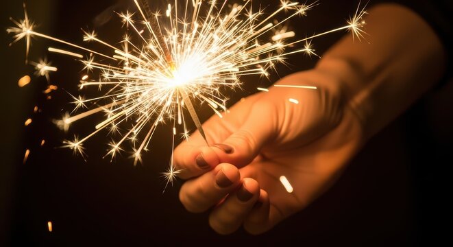 Female hand holding sparkler with bright glow in dark background