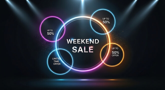 Weekend sale promotion with neon circles and spotlights, up to 50% off, perfect for retail marketing campaigns and online advertisements, ideal for attracting customers and boosting sales