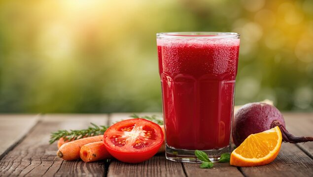 Red beverage composed of beetroot, carrot, tomato, and orange, fiber-dense choice